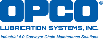 OPCO Lubrication Systems, Inc logo with tagline, industrial 4.0 conveyor chain maintenance solutions